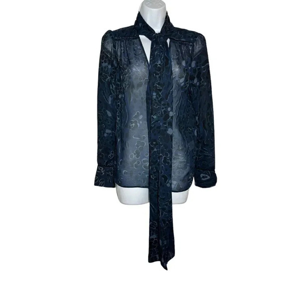 SEE by CHLOE size 34 Blue  blouse Neck Tie Bow Semi-sheer long sleeve - Picture 3 of 14